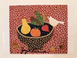 a picture of a picture of a bird and a bowl of fruit