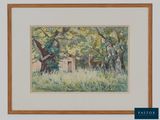 an image of a painting of a bench in the woods