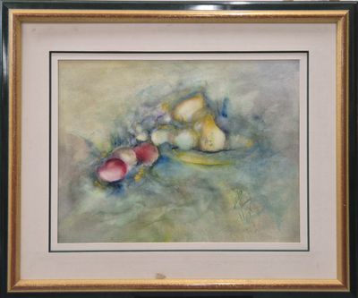tableau représentant une nature morte composée de pommes et de poires posées sur une table