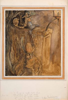 an old book with a drawing of a woman and a child