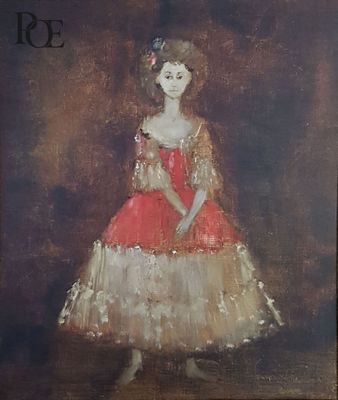 tableau représentant une femme en robe rouge dans une pièce sombre