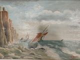 a painting of a boat in the water near a cliff