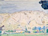 une aquarelle représentant un paysage avec une montagne en arrière-plan