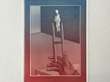 painting of a person standing on a chair with a cigarette in his hand