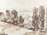 a painting of a view of a rural area with trees