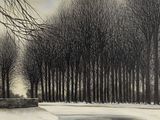 une image représentant une peinture d'un paysage enneigé avec des arbres en arrière-plan
