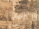 un vieux dessin représentant un homme et une femme debout dans un parc