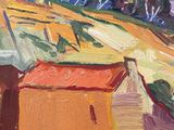 an oil painting of a farm with a red roof and a yellow barn