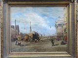 une peinture à l'huile représentant une scène de rue avec une calèche au premier plan