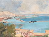 une peinture représentant une vue d'un port avec des bateaux dans l'eau