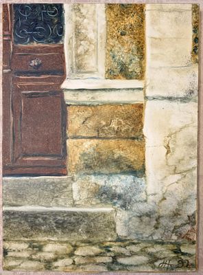 une image représentant une peinture d'une porte sur un mur de pierre