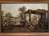 peinture à l'huile d'une scène de village avec une voiture à cheval