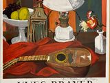 un tableau représentant une guitare et une lampe posées sur une table
