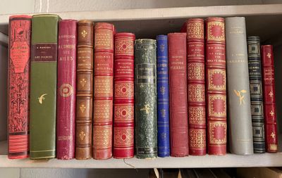 many books that are on a shelf in the room