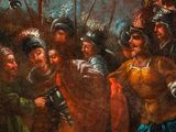 painting of a group of people dressed in medieval clothing standing in a forest