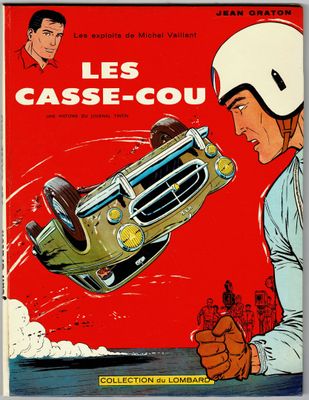 the cover of les case - cou, with a man in a helmet and a car in the background