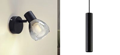 deux photos d'une lampe accrochée au mur à côté d'une photo d'une lampe