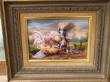 une photo d'un tableau représentant un coq et une poule