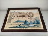 tableau représentant un château avec une fontaine devant