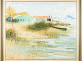 tableau représentant un bateau sur la rive d'un plan d'eau, avec une maison en arrière-plan