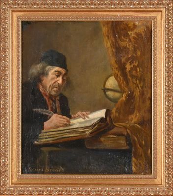 a painting of an old man reading a book in front of a window
