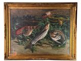 une peinture à l'huile représentant des poissons posés sur une table, à côté d'un saladier de légumes