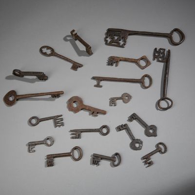 many old keys arranged in a circle on a table