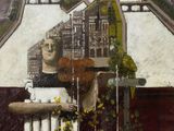 un tableau représentant un balcon avec une statue et des plantes en pot