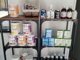 a shelf that has many different types of products on it