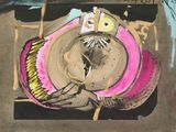 un tableau représentant un oiseau avec un chapeau sur la tête