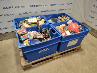 two blue bins filled with assorted items on a pallet