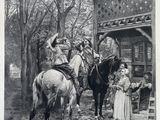 une photo en noir et blanc représentant une femme et un enfant à cheval