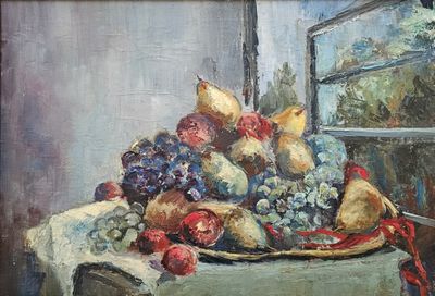 a painting of a bowl of fruit on a table
