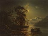 une image représentant un tableau d'un lac la nuit, avec la pleine lune dans le ciel