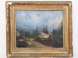 an oil painting of a mountain scene with a house in the distance