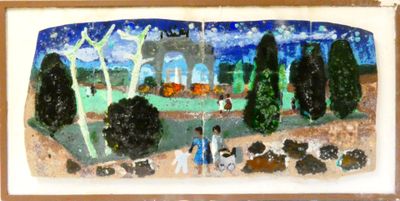 a picture of a painting of people and animals in a field