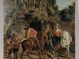 painting of a group of people riding horses in a wooded area