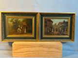 une paire de tableaux représentant une scène de village avec une calèche et une autre calèche