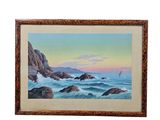 painting of a painting of a sailboat in the ocean with rocks