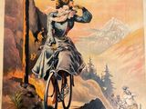 affiche représentant une femme à vélo sur un chemin de terre