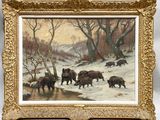 an image of a painting of a herd of bison in a snowy landscape
