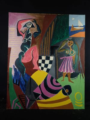 an image of a painting of a woman in a pink dress and a man in a black suit
