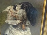 a painting of a dog holding a plate with a dog on it
