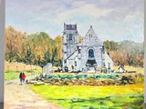 une peinture à l'huile représentant une église dans un champ, avec une personne qui passe à côté
