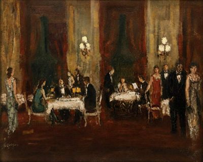 une image d'un tableau représentant un groupe de personnes assises autour d'une table
