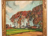 an oil painting of a field with trees and a house in the distance
