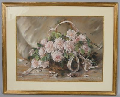 painting of a basket of roses on a table with a ribbon