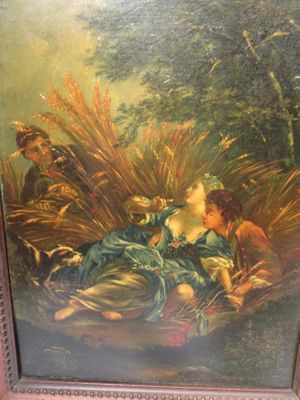 painting of a woman and a child in a wooded setting