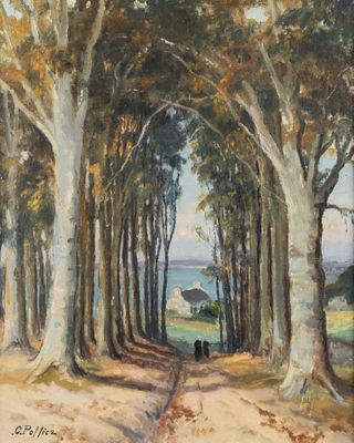 an image of a painting of a couple walking down a path in the woods