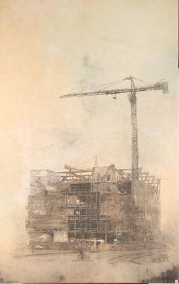a painting of a construction site with a crane in the background